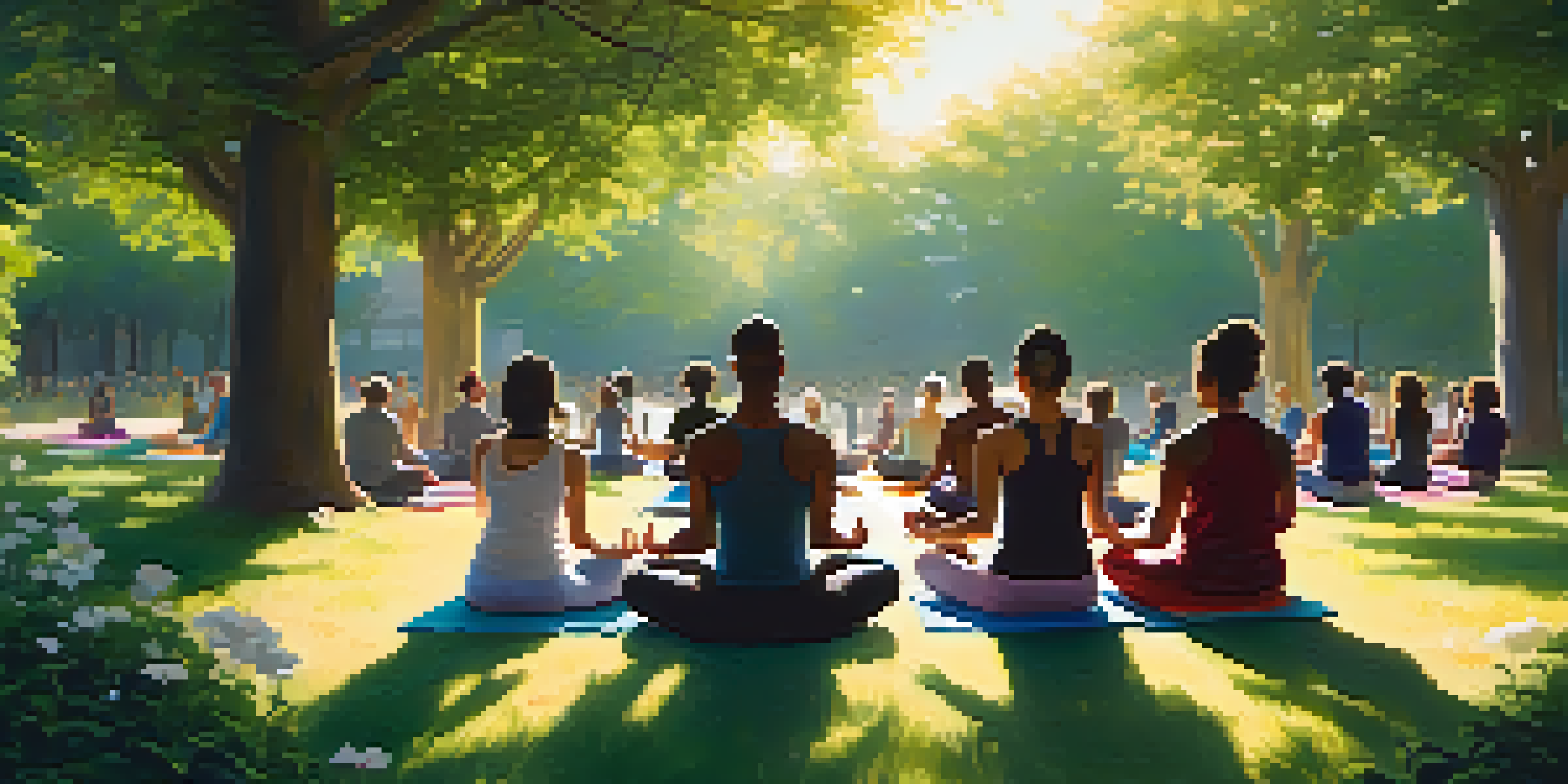 A diverse group of individuals meditating together in a park, surrounded by greenery and flowers, with sunlight filtering through the trees.