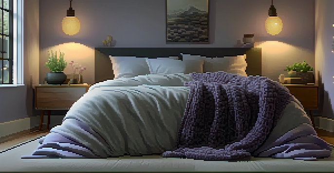 A serene bedroom with soft lighting, a comfortable bed, and calming decor, promoting relaxation and sleep.