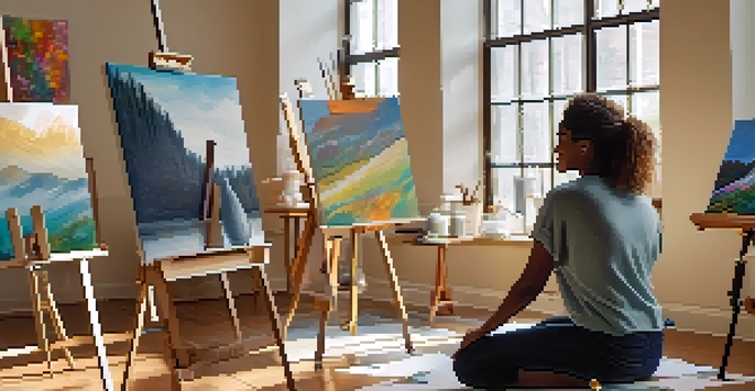 A group of diverse individuals in a sunlit room engaged in an art therapy session, with vibrant paintings around them.