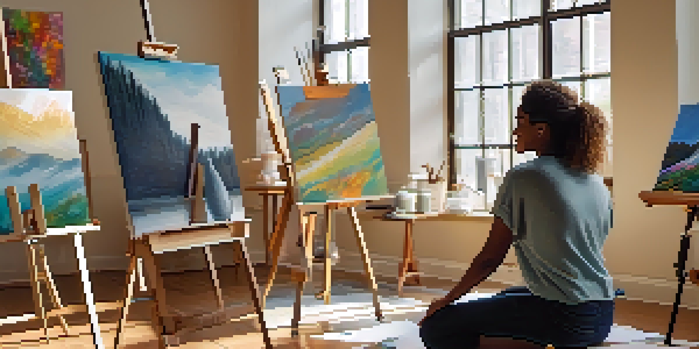 A group of diverse individuals in a sunlit room engaged in an art therapy session, with vibrant paintings around them.