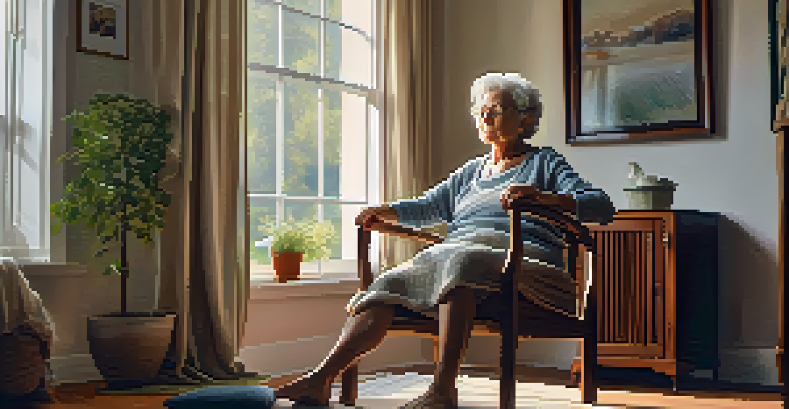 An elderly woman doing chair yoga at home, stretching her arms overhead in a cozy living room.