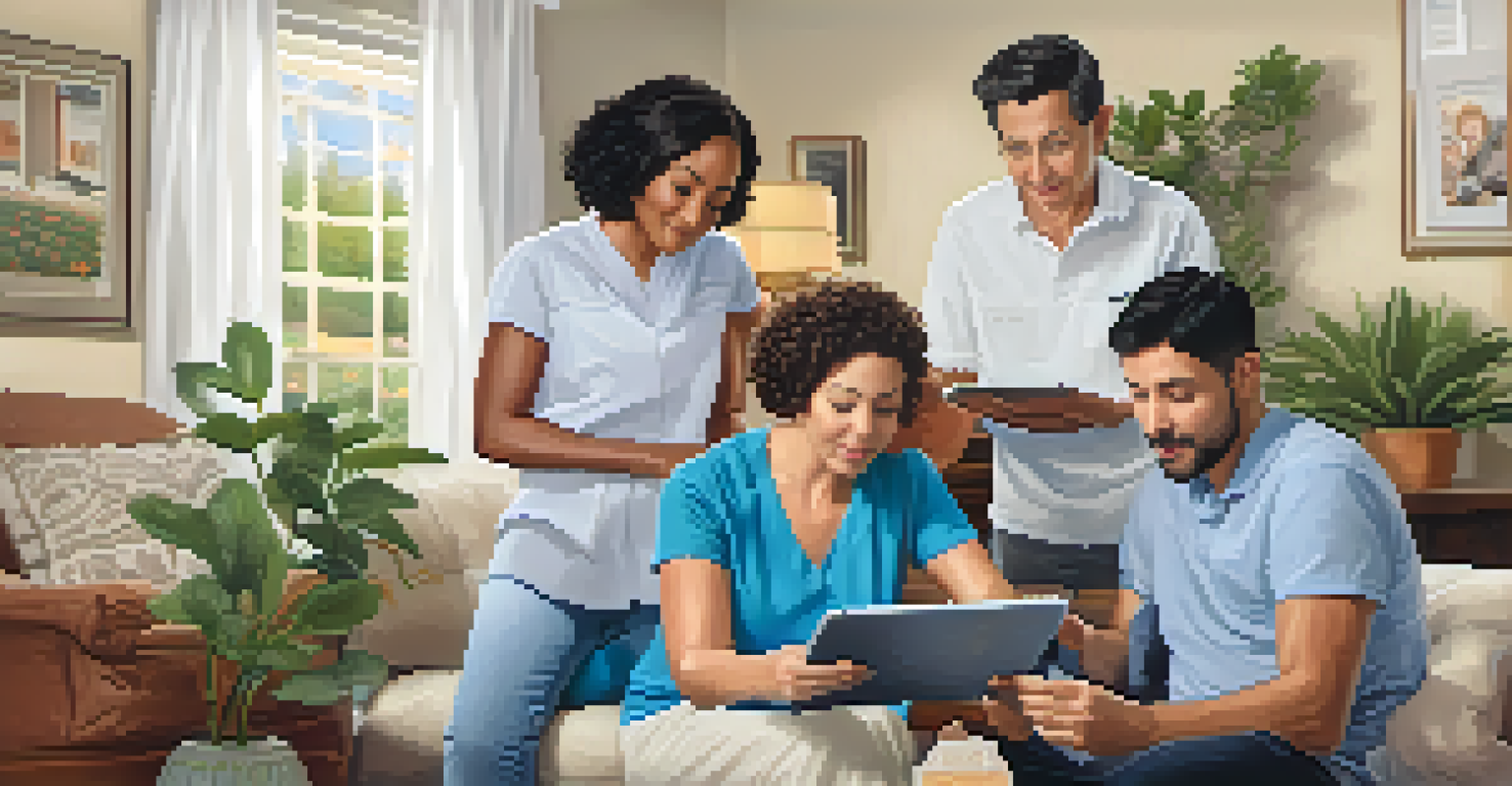 A caregiver using a tablet to manage family health history with family members discussing in a cozy living room.