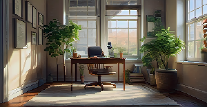 A peaceful office corner with a chair, table, potted plants, and a cup of tea, promoting relaxation.