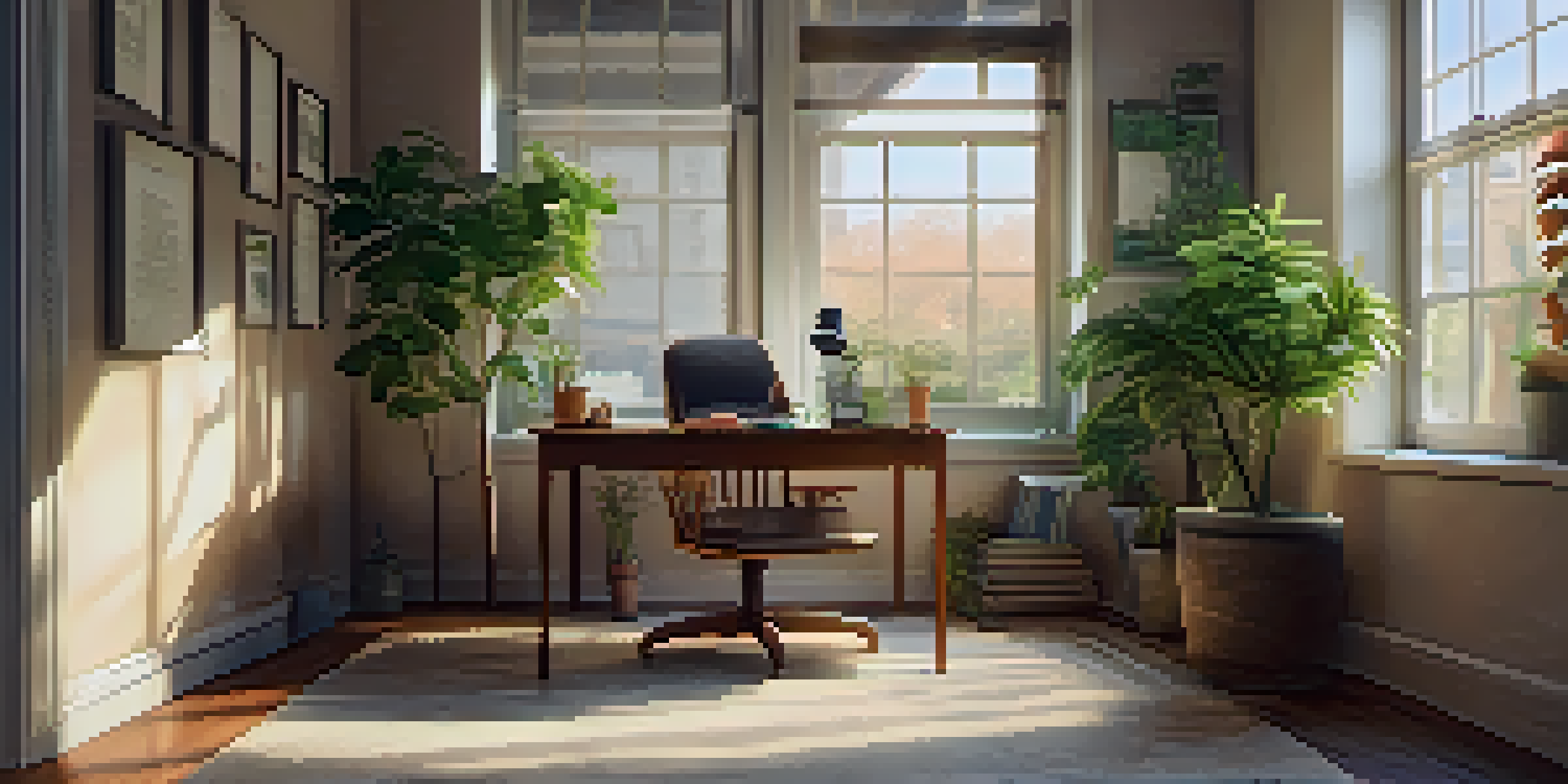 A peaceful office corner with a chair, table, potted plants, and a cup of tea, promoting relaxation.