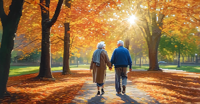 An elderly couple walking together in a park during autumn, with colorful leaves around them and sunlight filtering through the trees.