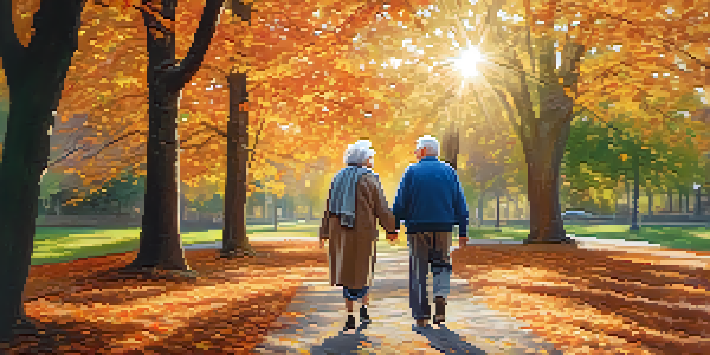 An elderly couple walking together in a park during autumn, with colorful leaves around them and sunlight filtering through the trees.