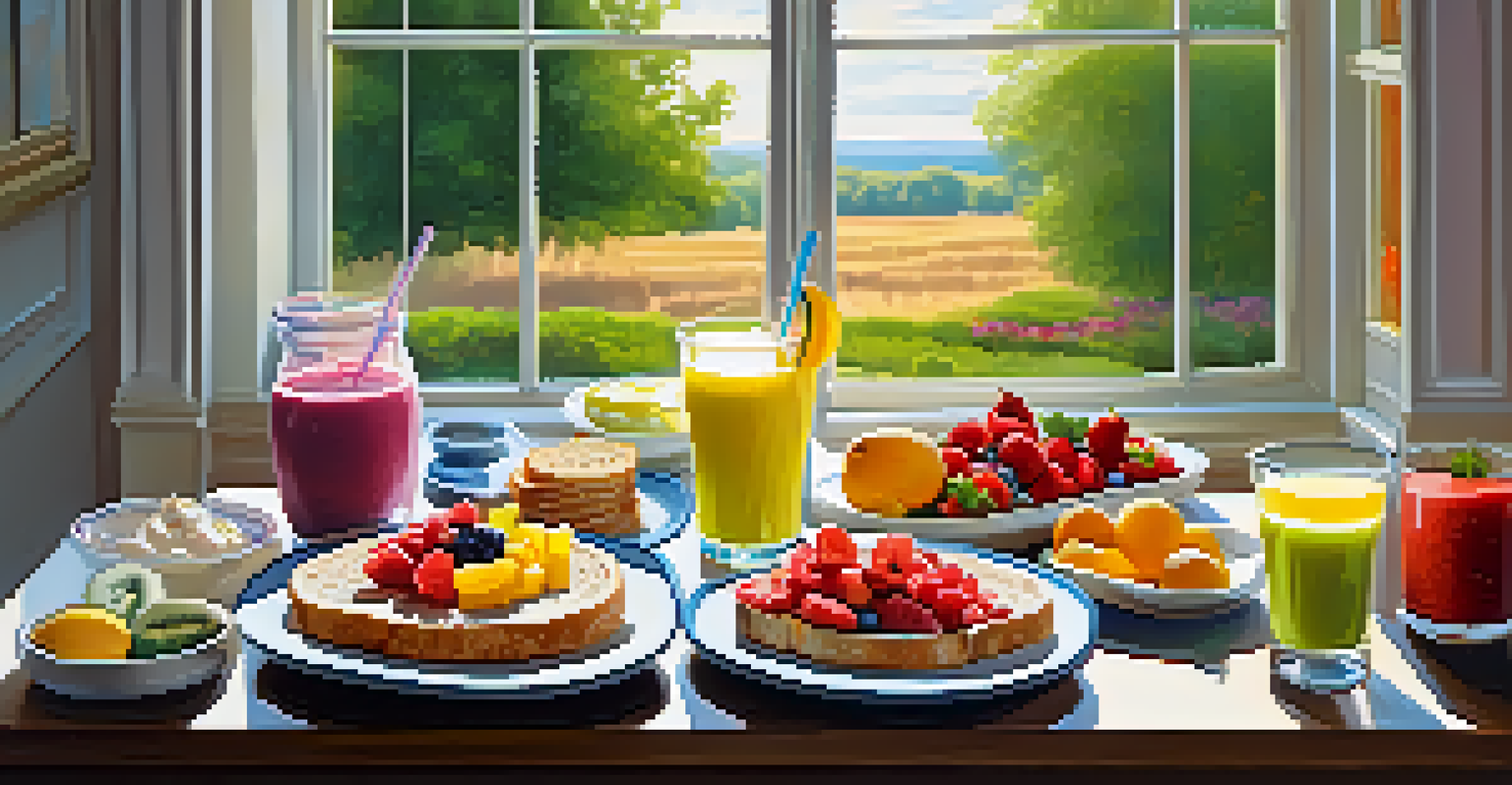 A breakfast table displaying a variety of healthy foods including fruits, toast, and a smoothie with bright sunlight coming through the window.