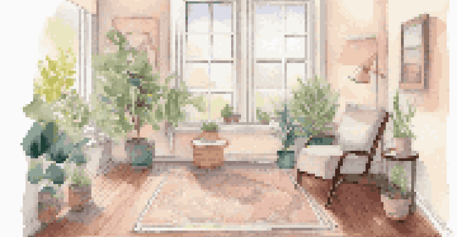 A cozy living room corner with a plush chair, herbal tea, and a yoga mat, designed for relaxation and mindfulness.