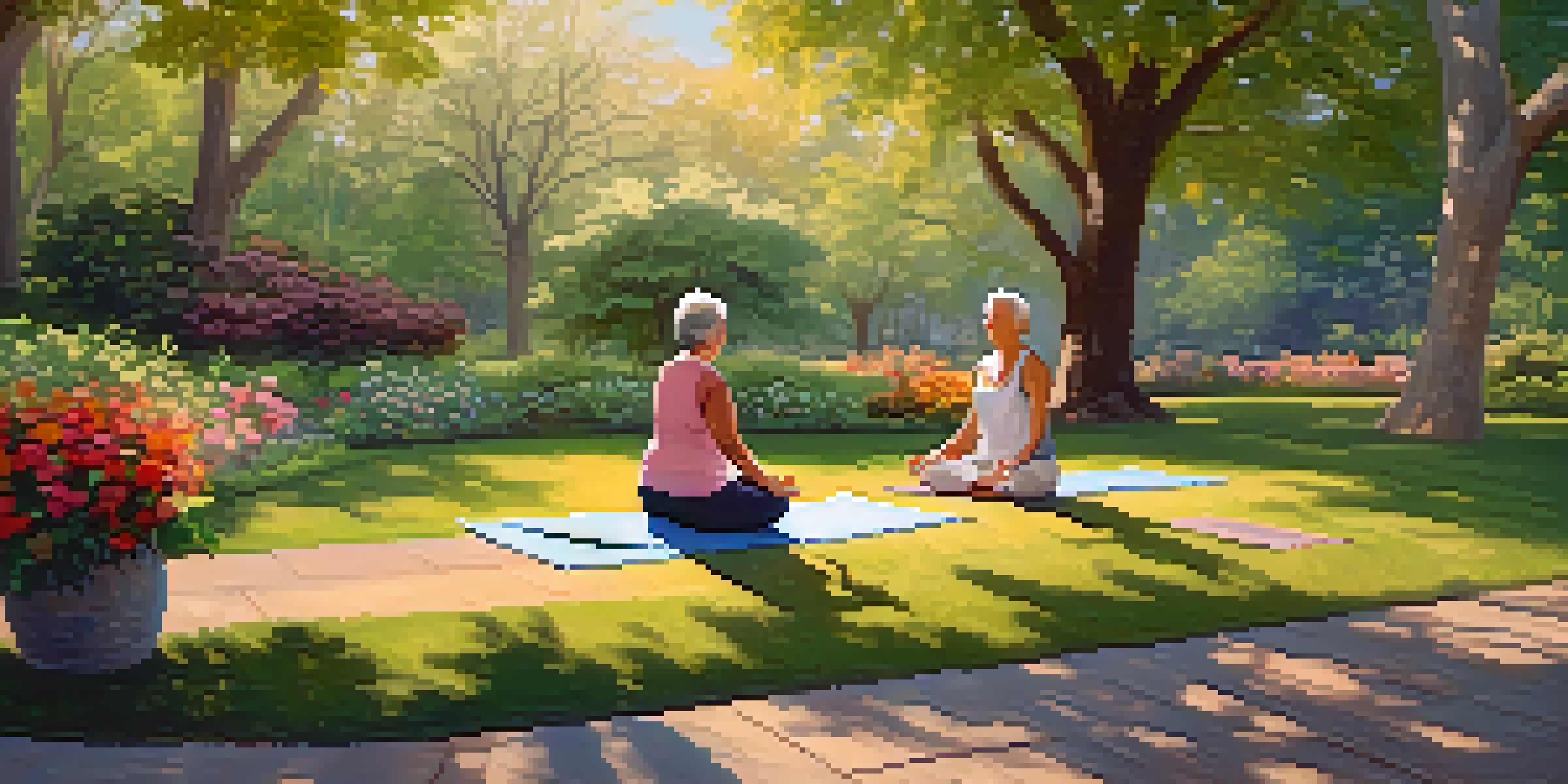 An elderly couple practicing yoga in a sunlit park, surrounded by greenery and flowers, conveying a sense of health and wellness.