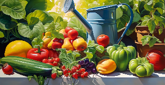 A close-up of a colorful garden with various fruits and vegetables, sunlight filtering through the leaves, and a watering can, symbolizing health and nourishment.