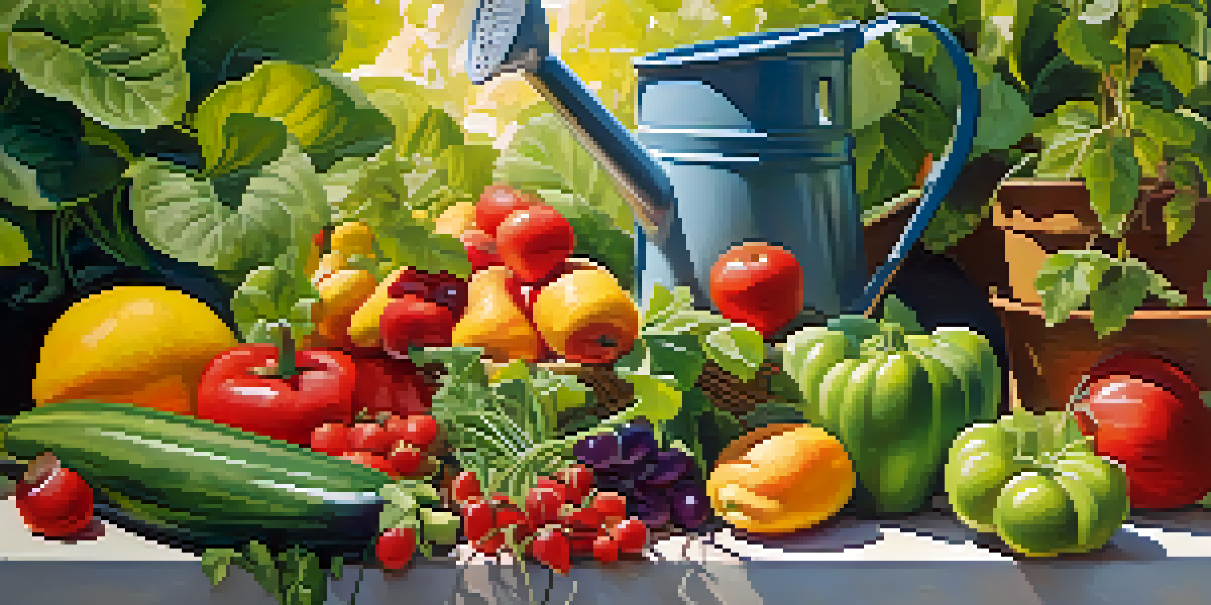 A close-up of a colorful garden with various fruits and vegetables, sunlight filtering through the leaves, and a watering can, symbolizing health and nourishment.