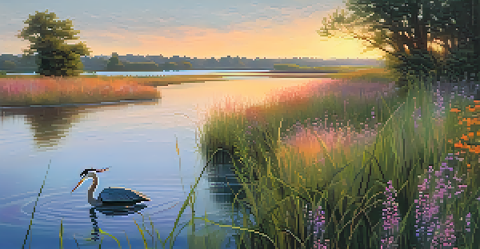 A peaceful riverside at sunset with colorful reflections in the water and a heron standing nearby.