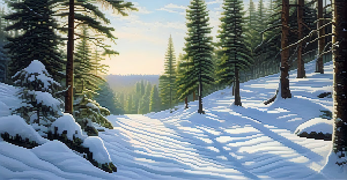 A peaceful winter forest with snow-covered trees and a winding path under soft sunlight.