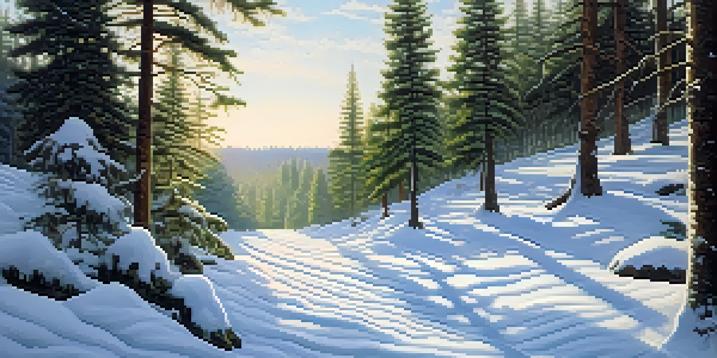 A peaceful winter forest with snow-covered trees and a winding path under soft sunlight.