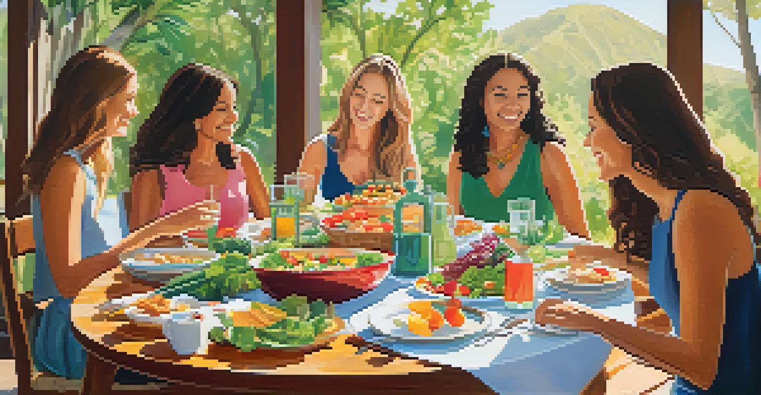 A beautifully set dining table with colorful, fresh dishes in a natural outdoor setting, with women enjoying a meal together and smiling.