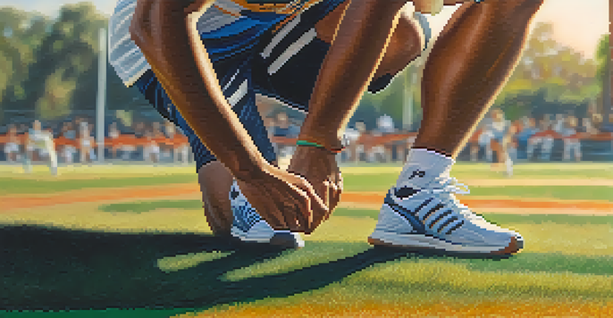 An athlete stretching their inner thigh muscles before a game, with a blurred sports field in the background and warm sunlight.