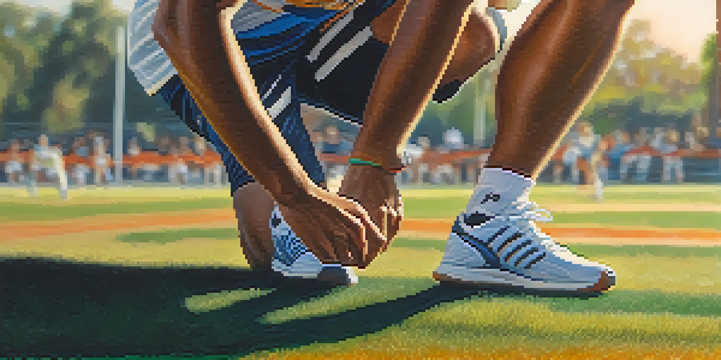 An athlete stretching their inner thigh muscles before a game, with a blurred sports field in the background and warm sunlight.