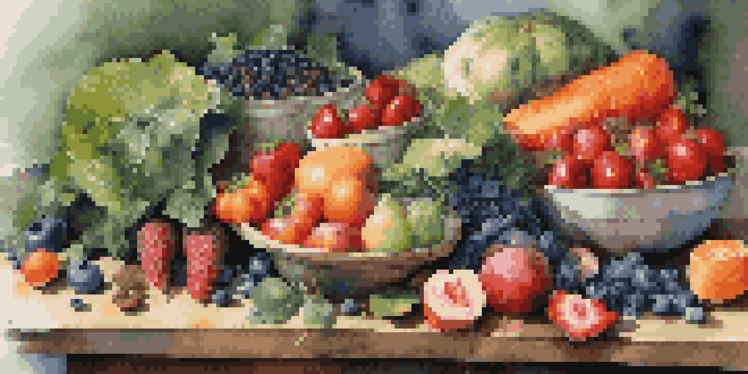A colorful display of various fruits and vegetables rich in antioxidants on a wooden table.