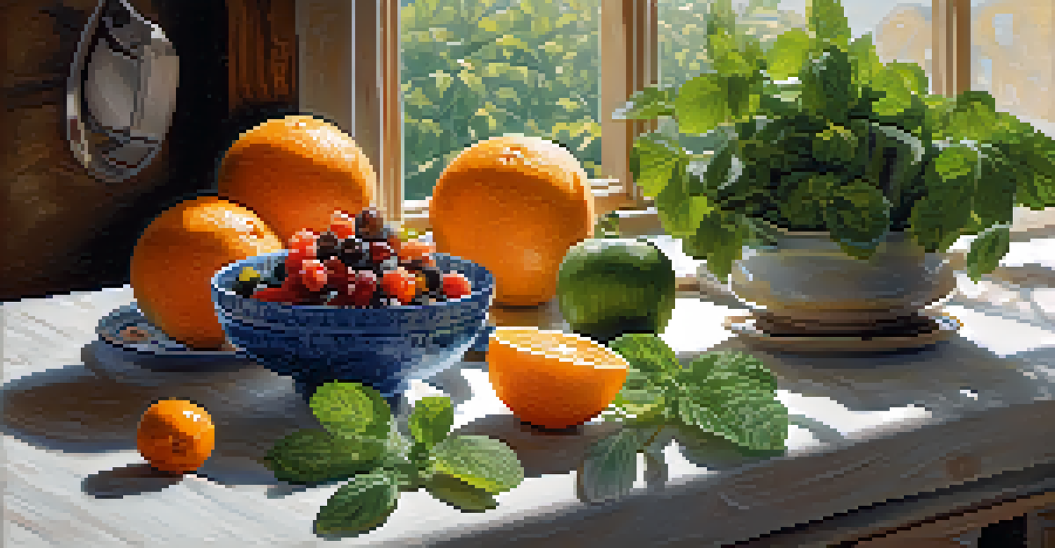 A plate filled with fruits and vegetables alongside a glass of herbal tea on a kitchen countertop.