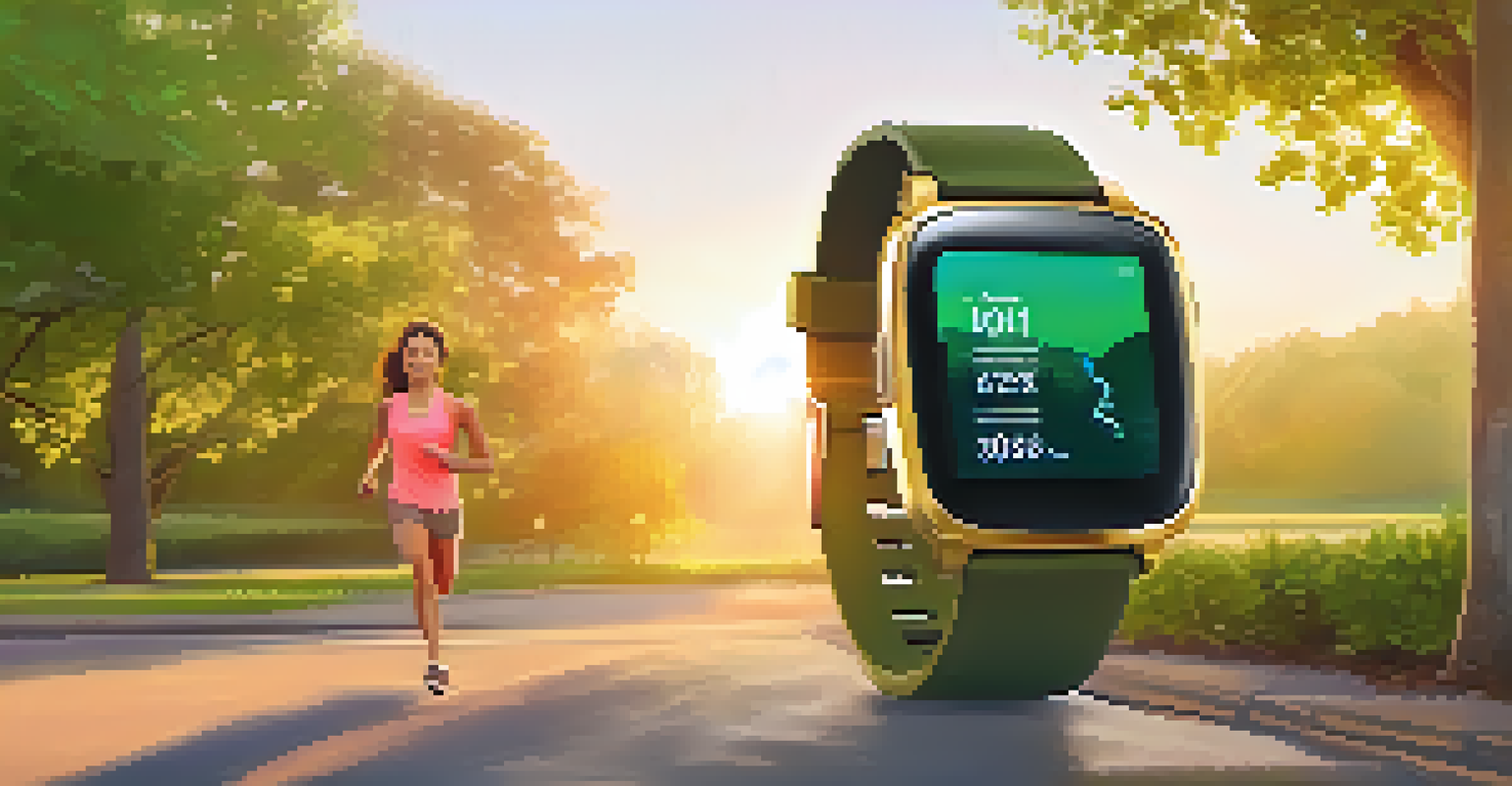 A person jogging in a park at sunrise, wearing a smartwatch that displays heart rate data.