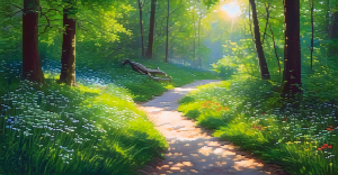 A peaceful forest scene with a winding path, sunlight filtering through the leaves, and a person practicing mindfulness on a bench surrounded by wildflowers.