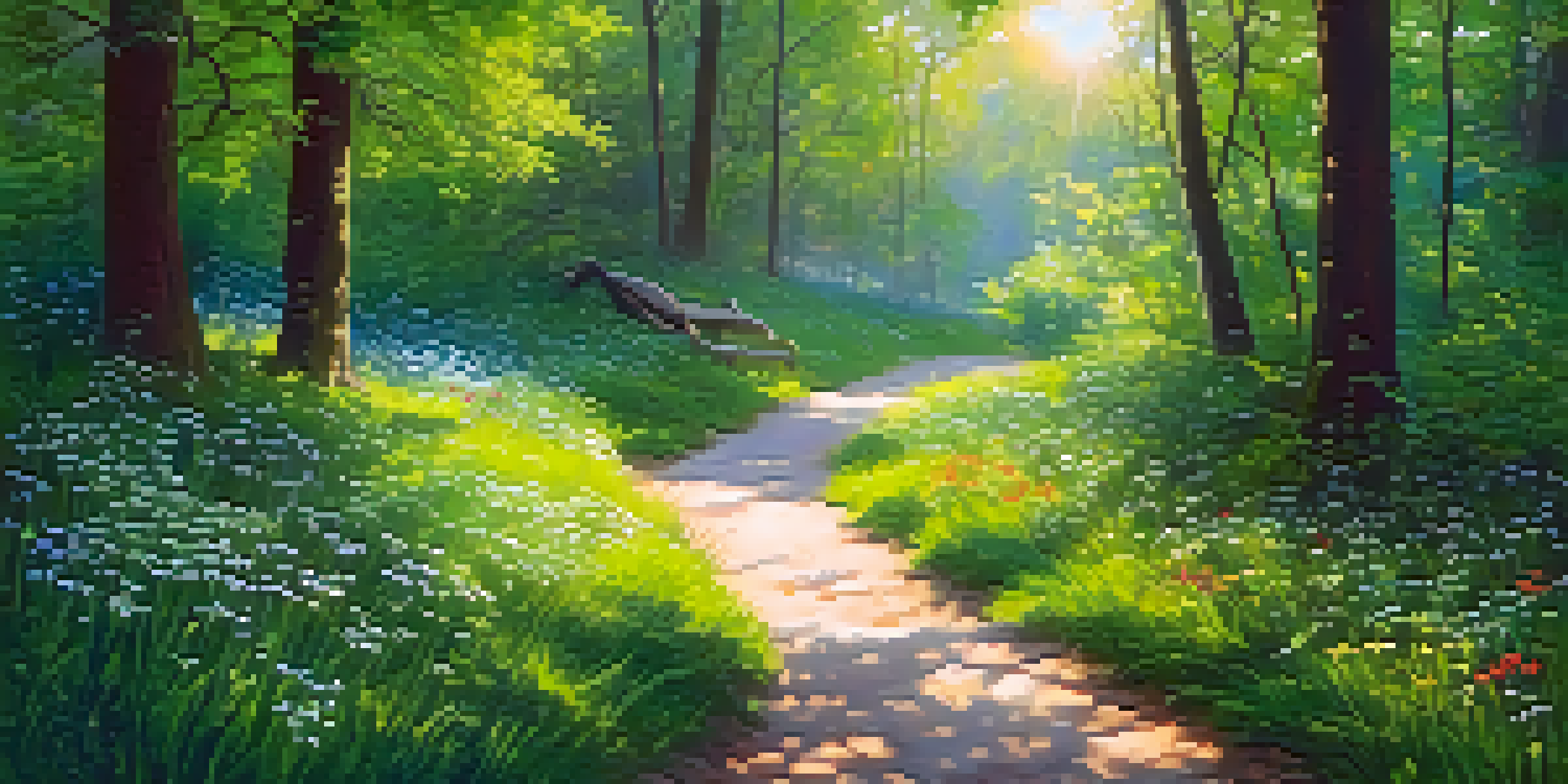 A peaceful forest scene with a winding path, sunlight filtering through the leaves, and a person practicing mindfulness on a bench surrounded by wildflowers.