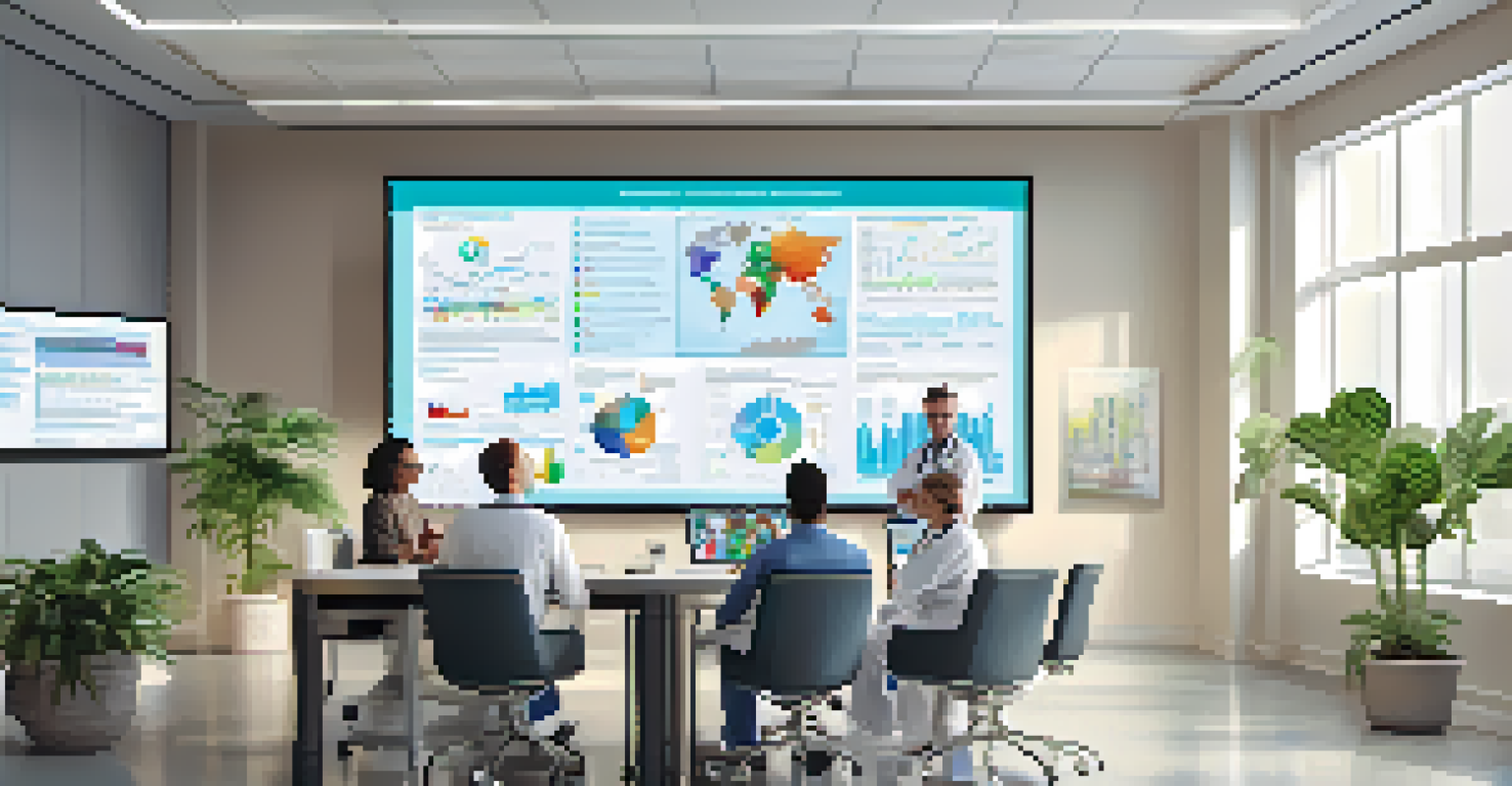 A diverse group of healthcare providers collaborating around a table with a digital screen showing data charts in a modern office.