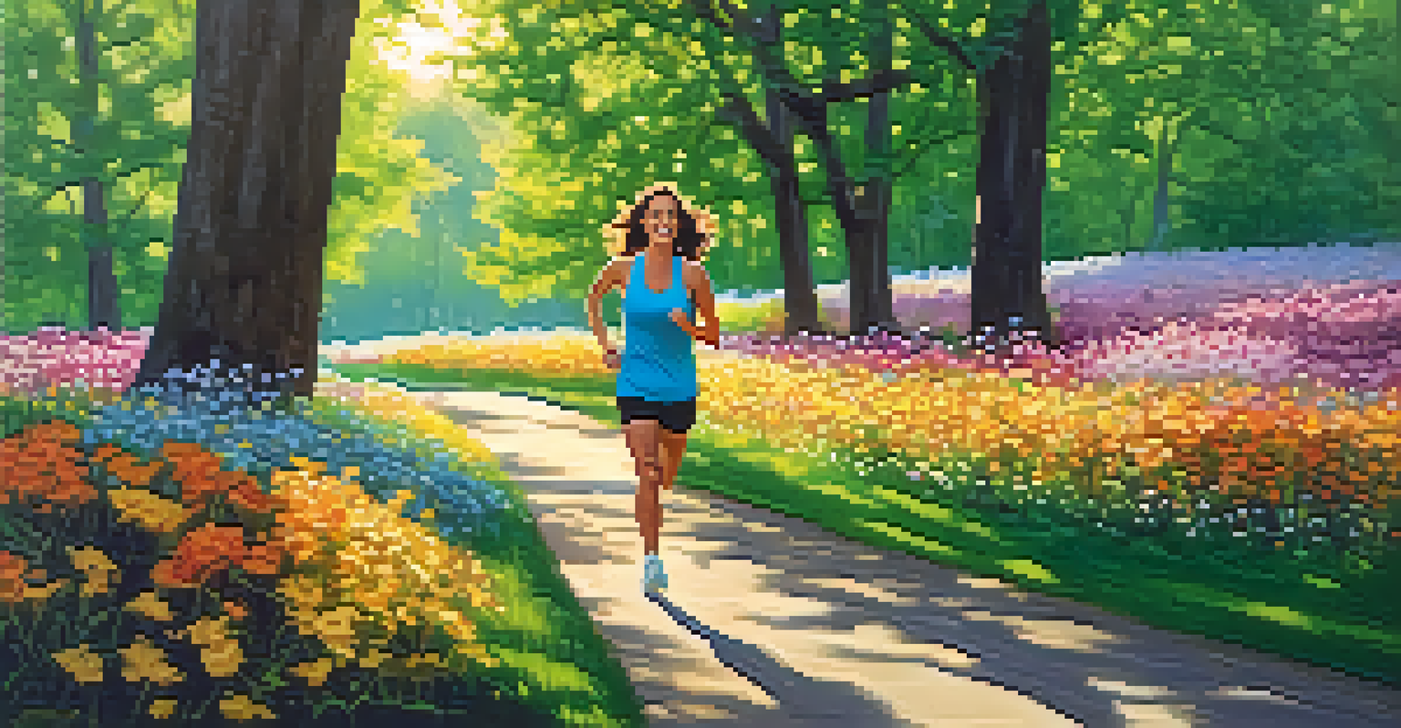 A traveler jogging in a sunny park surrounded by green trees and blooming flowers, looking energetic and happy.