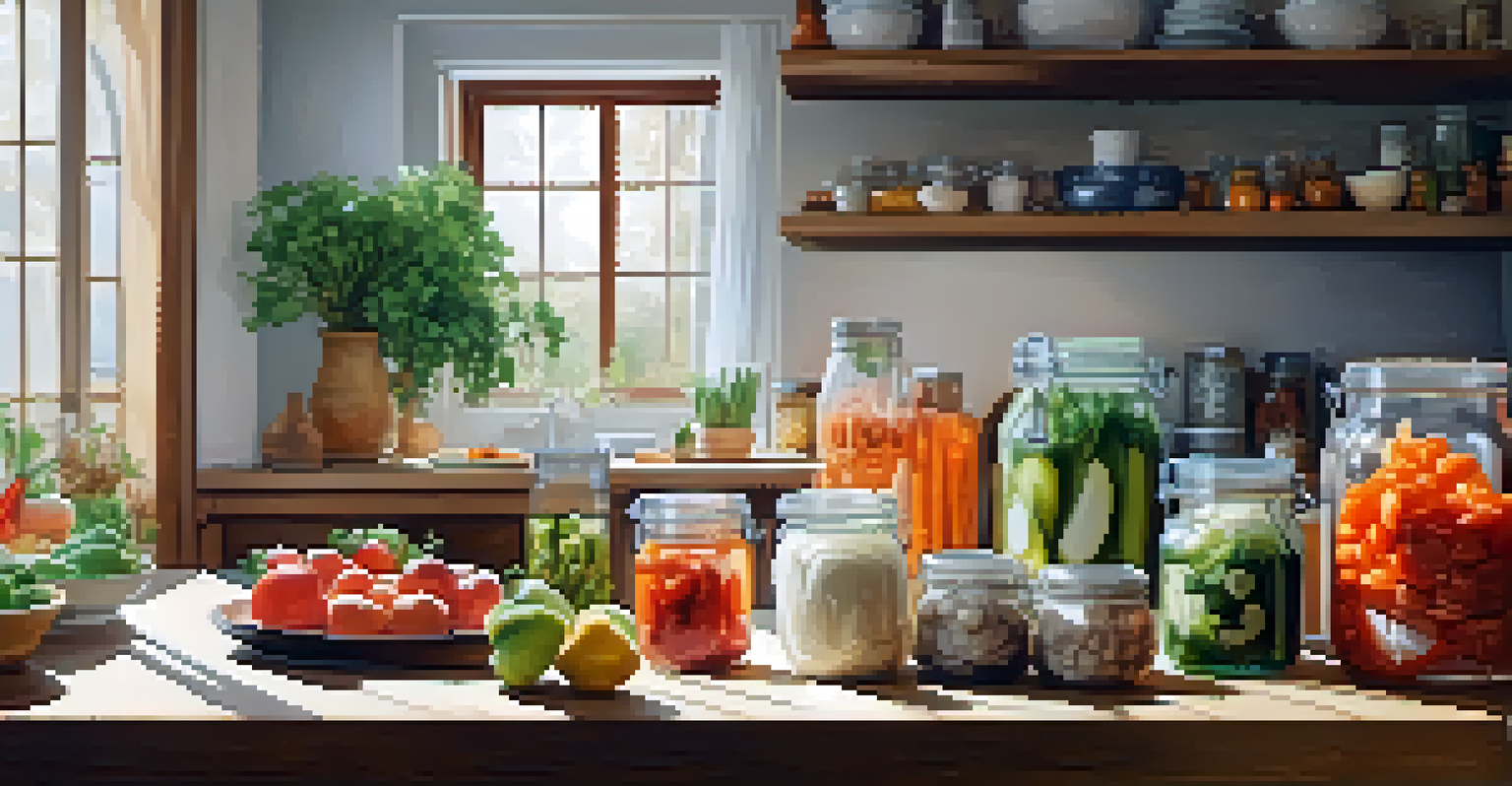 A cozy kitchen scene showcasing fresh ingredients for a gut-friendly diet, including jars of fermented foods and colorful produce, bathed in soft natural light.