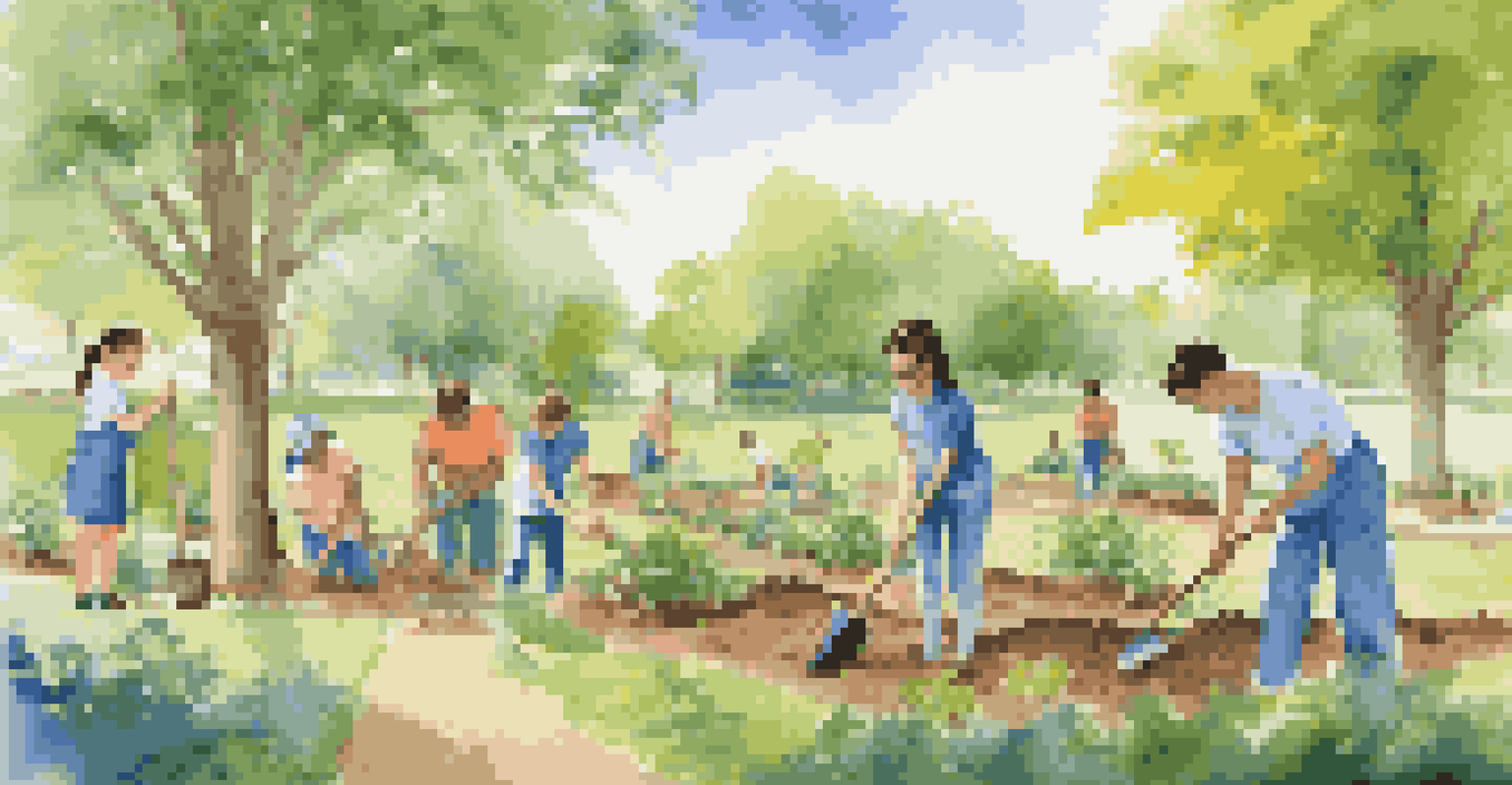 A family volunteering to plant trees in a park, working collaboratively with smiles on their faces under a bright blue sky.