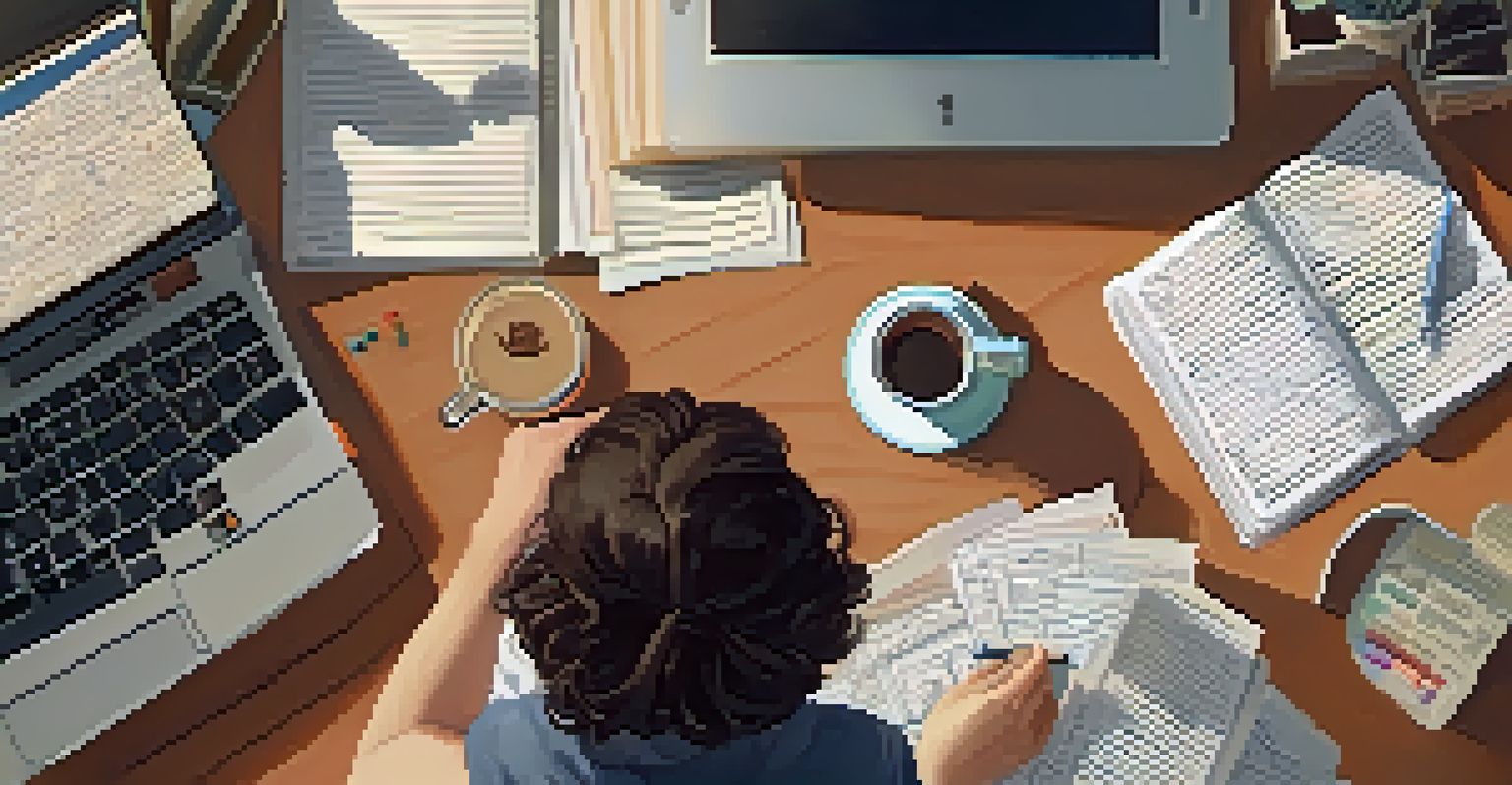 A person studying at a desk with notes and textbooks, accompanied by a cup of coffee, in a softly lit room.