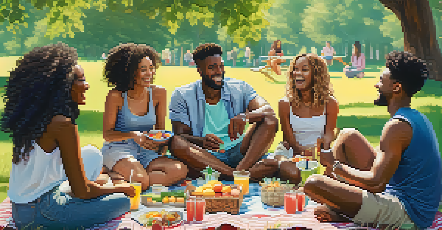 A diverse group of friends having a picnic in a park, sharing food and laughter, surrounded by nature.