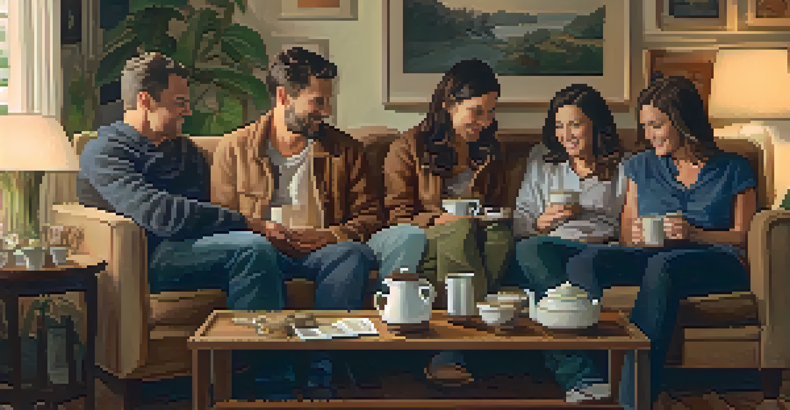 A cozy living room where friends are gathered, sharing stories with warm lighting and a table of tea.