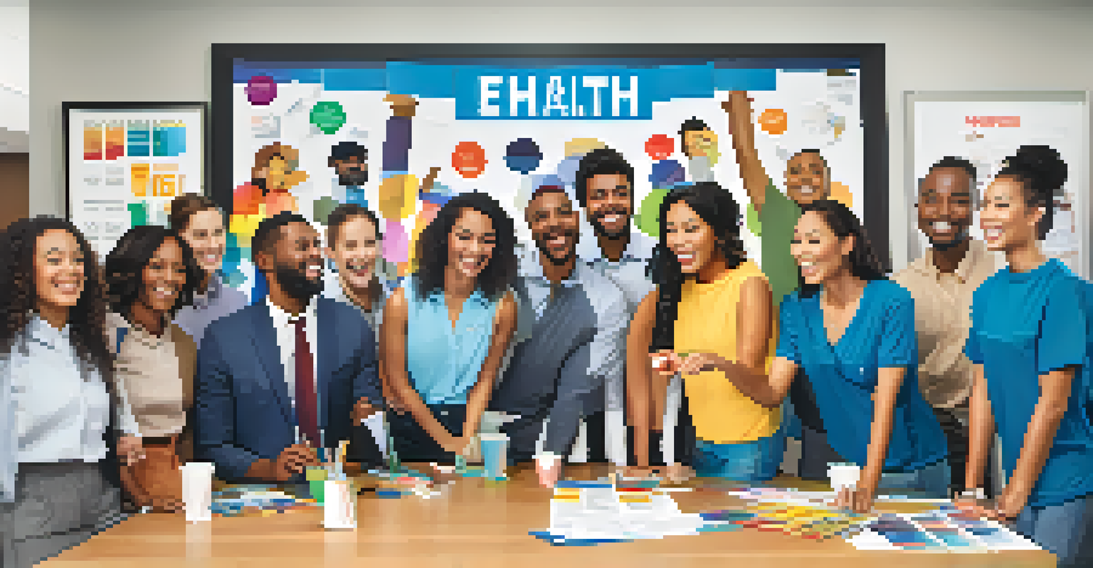 A motivational poster in an office showing happy employees participating in a team-building exercise, promoting the benefits of a smoke-free workplace.
