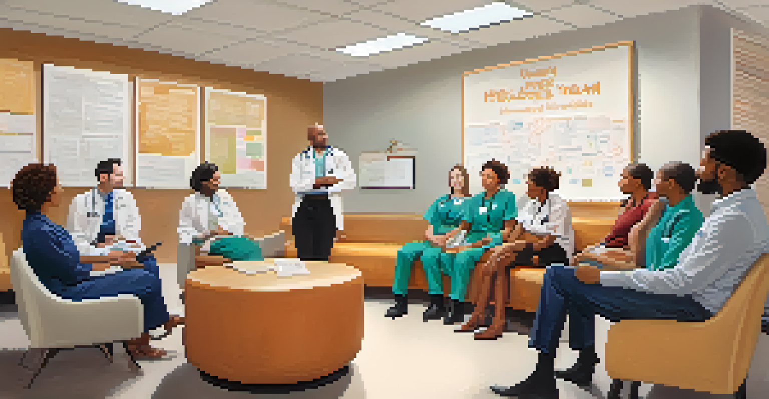 A diverse healthcare team in a cozy break room discussing support and sharing positive experiences.
