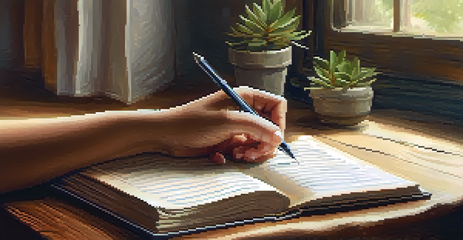 Close-up of hands writing in a journal with a cup of tea and a plant, creating a peaceful atmosphere.