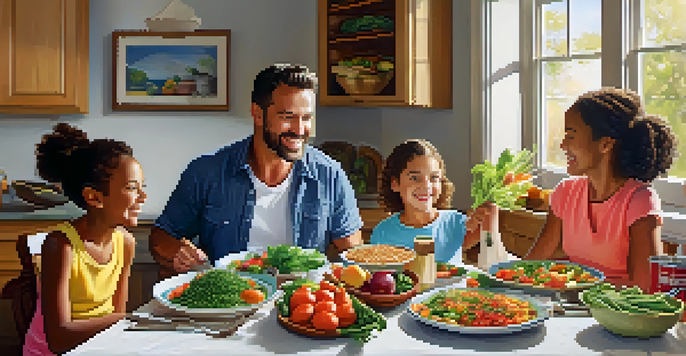 A family enjoying a nutritious meal at a dinner table, surrounded by colorful food and smiling faces.