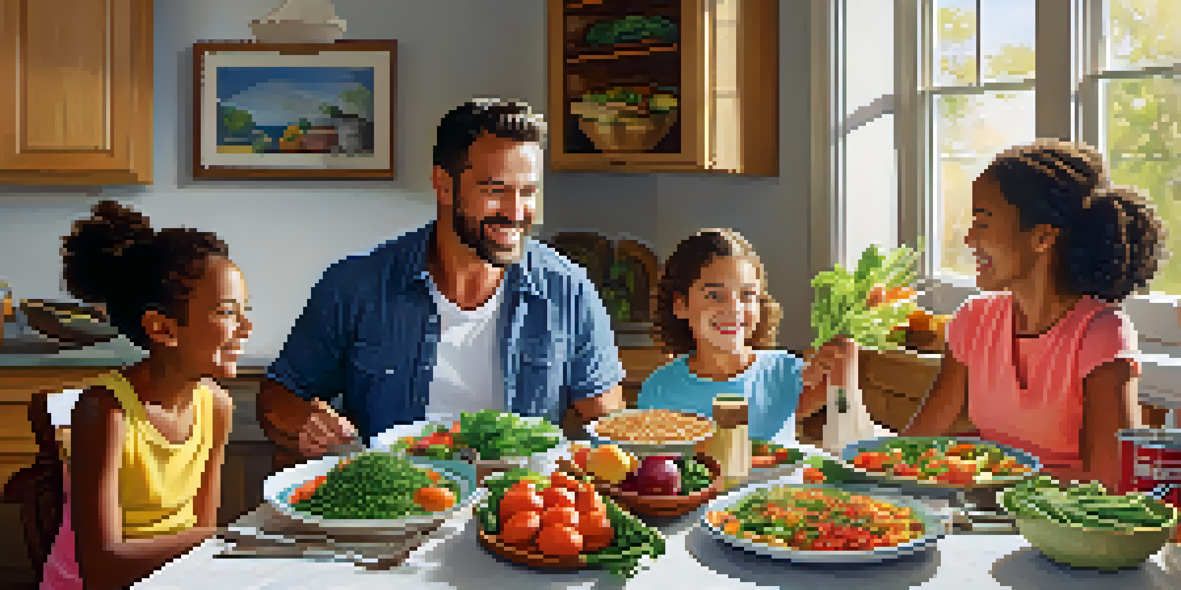 A family enjoying a nutritious meal at a dinner table, surrounded by colorful food and smiling faces.