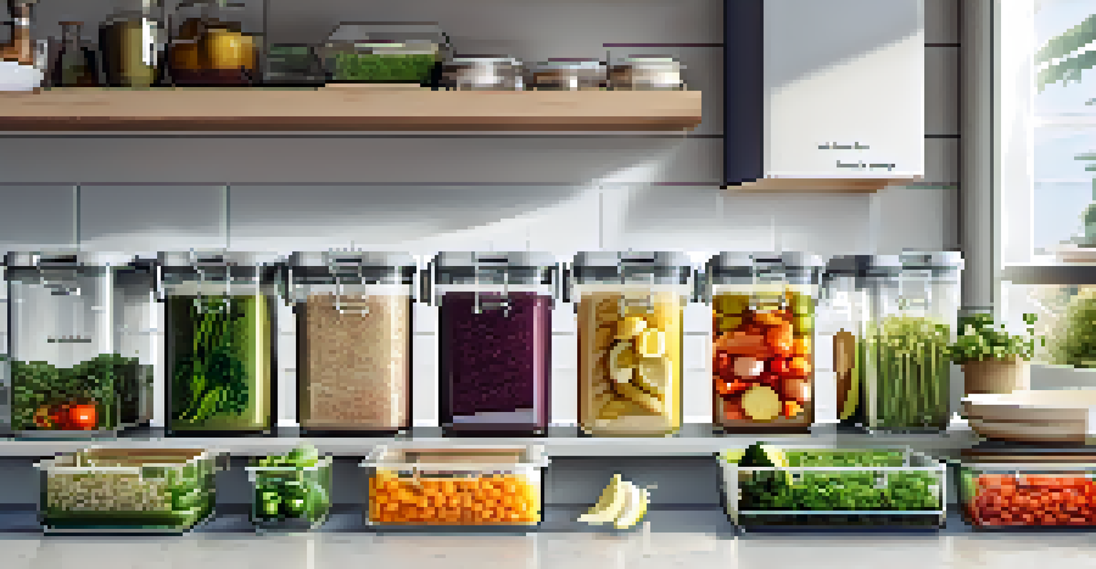 A meal prep station with neatly arranged containers filled with healthy meals, fresh ingredients, and labels.
