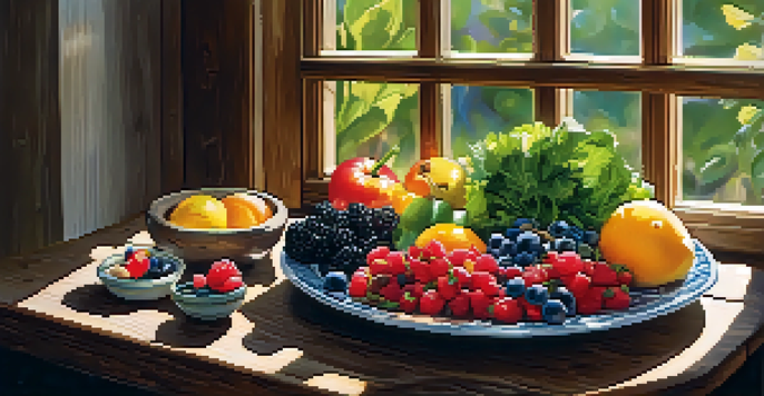 A plate filled with fresh fruits, vegetables, and fish, illuminated by sunlight, symbolizing a healthy diet.