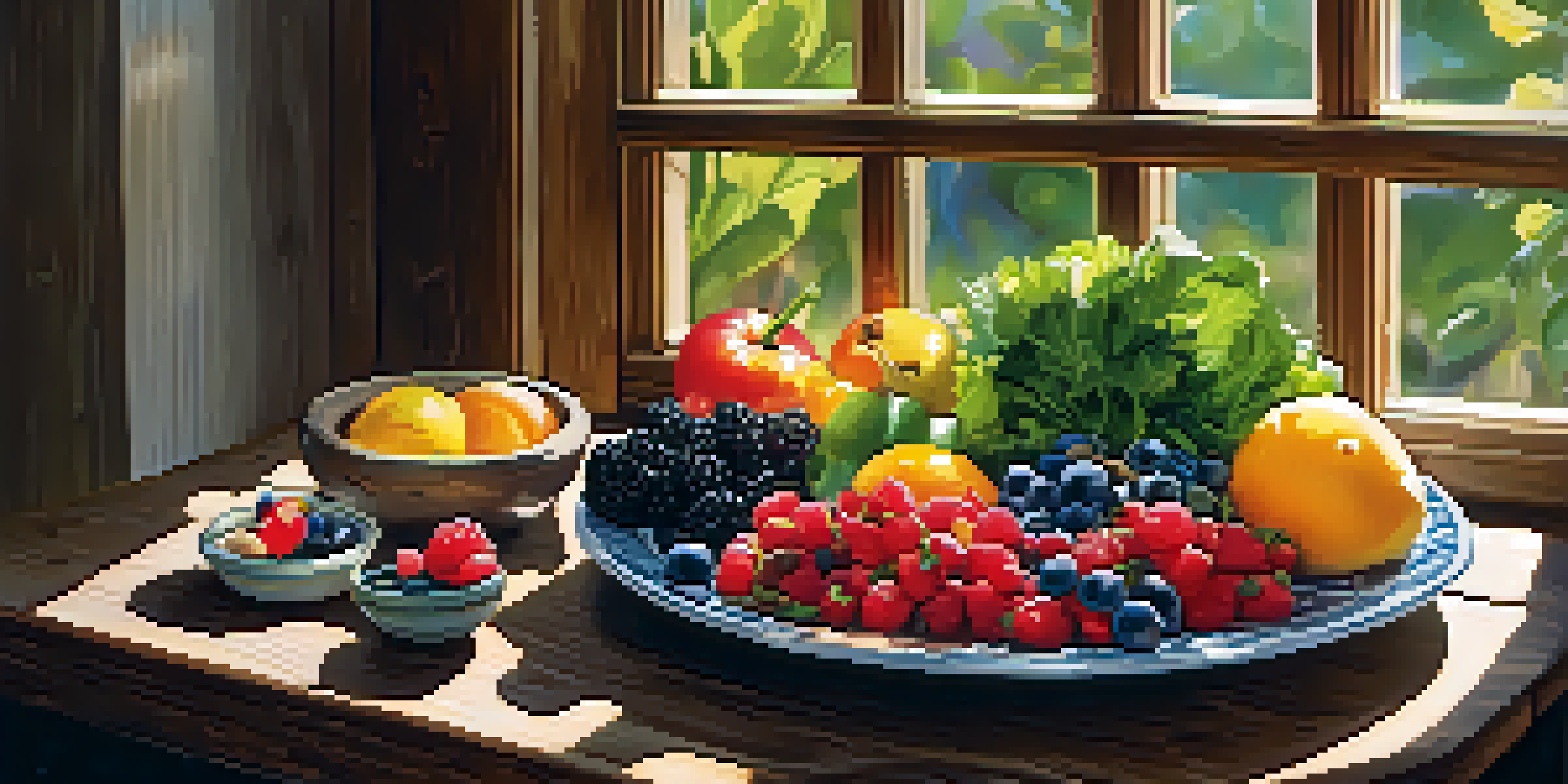 A plate filled with fresh fruits, vegetables, and fish, illuminated by sunlight, symbolizing a healthy diet.