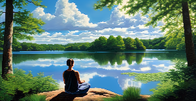 A person meditating by a calm lake in a lush green forest, with sunlight filtering through the trees.