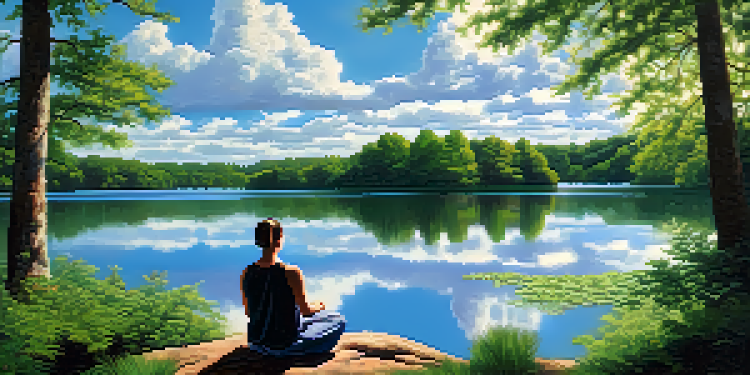A person meditating by a calm lake in a lush green forest, with sunlight filtering through the trees.