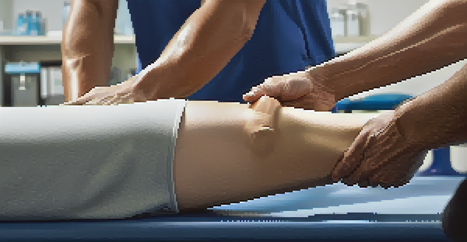 A physical therapist guiding an athlete's leg during rehabilitation in a bright therapy room, emphasizing care and professionalism.