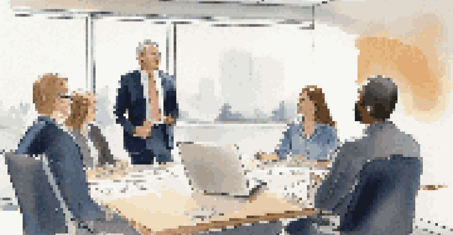 A leader demonstrating stress management techniques to a small group of engaged employees in a conference room.