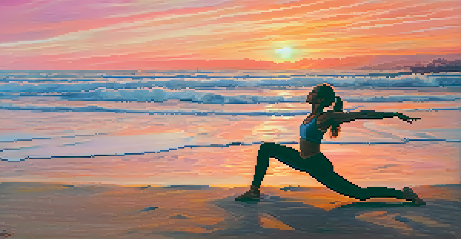 A person practicing Vinyasa yoga on a beach at sunset, flowing gracefully through poses with a colorful sky in the background.