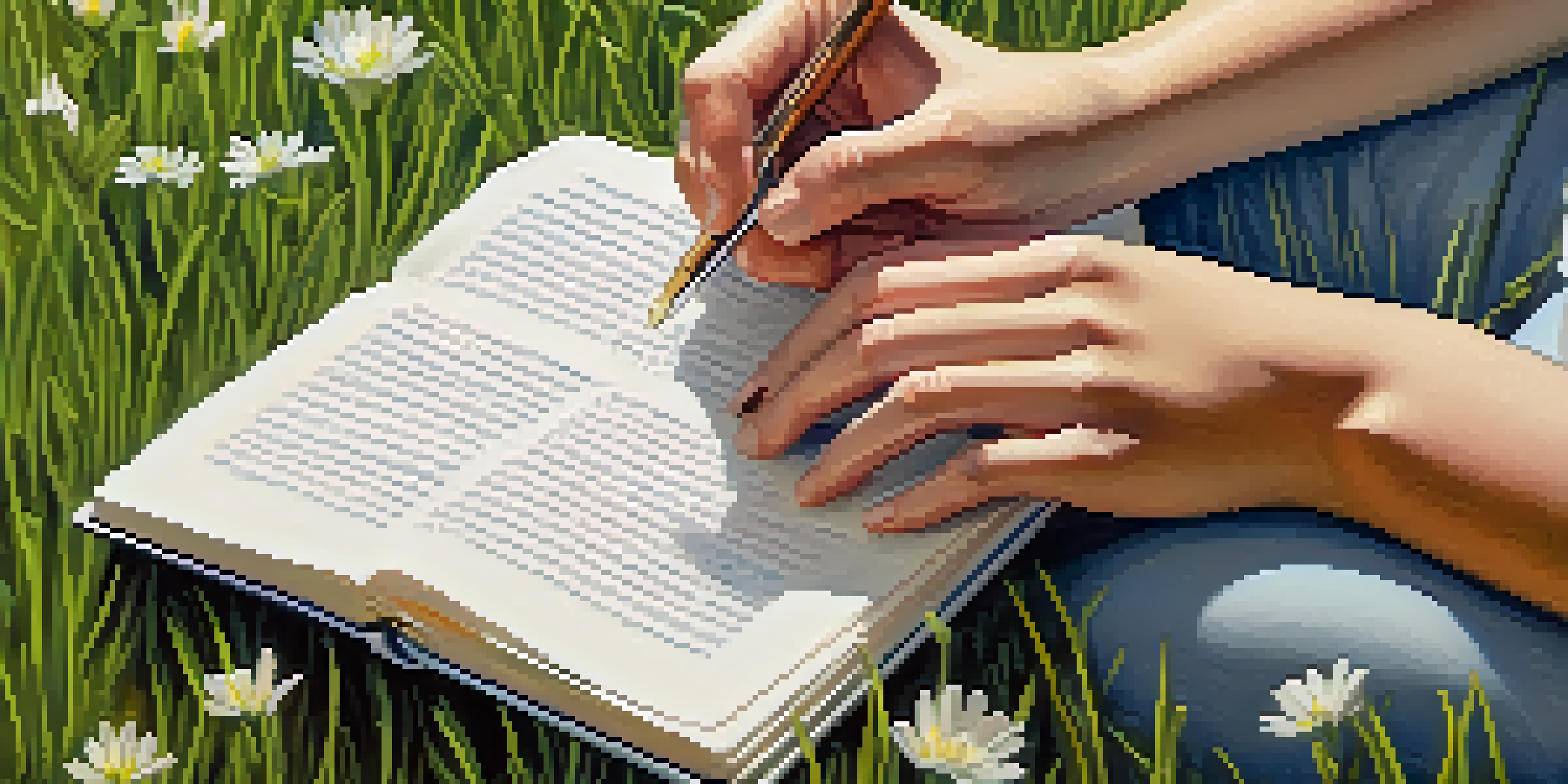A person's hands holding a journal in a peaceful outdoor setting.
