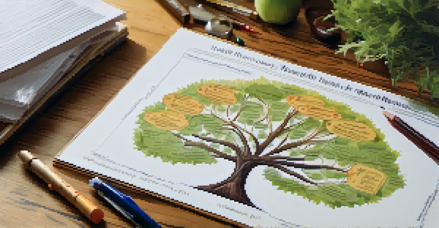 A detailed family health tree diagram displayed on a wooden table, showing health conditions of relatives with a notepad and pen beside it.