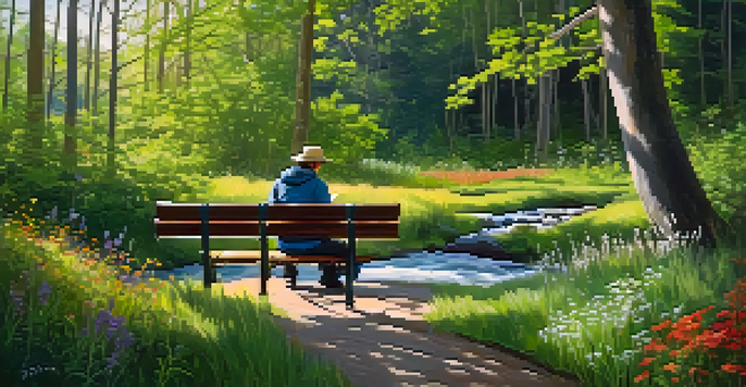 A person sitting on a bench in a peaceful forest, journaling with sunlight filtering through the trees and colorful wildflowers around.