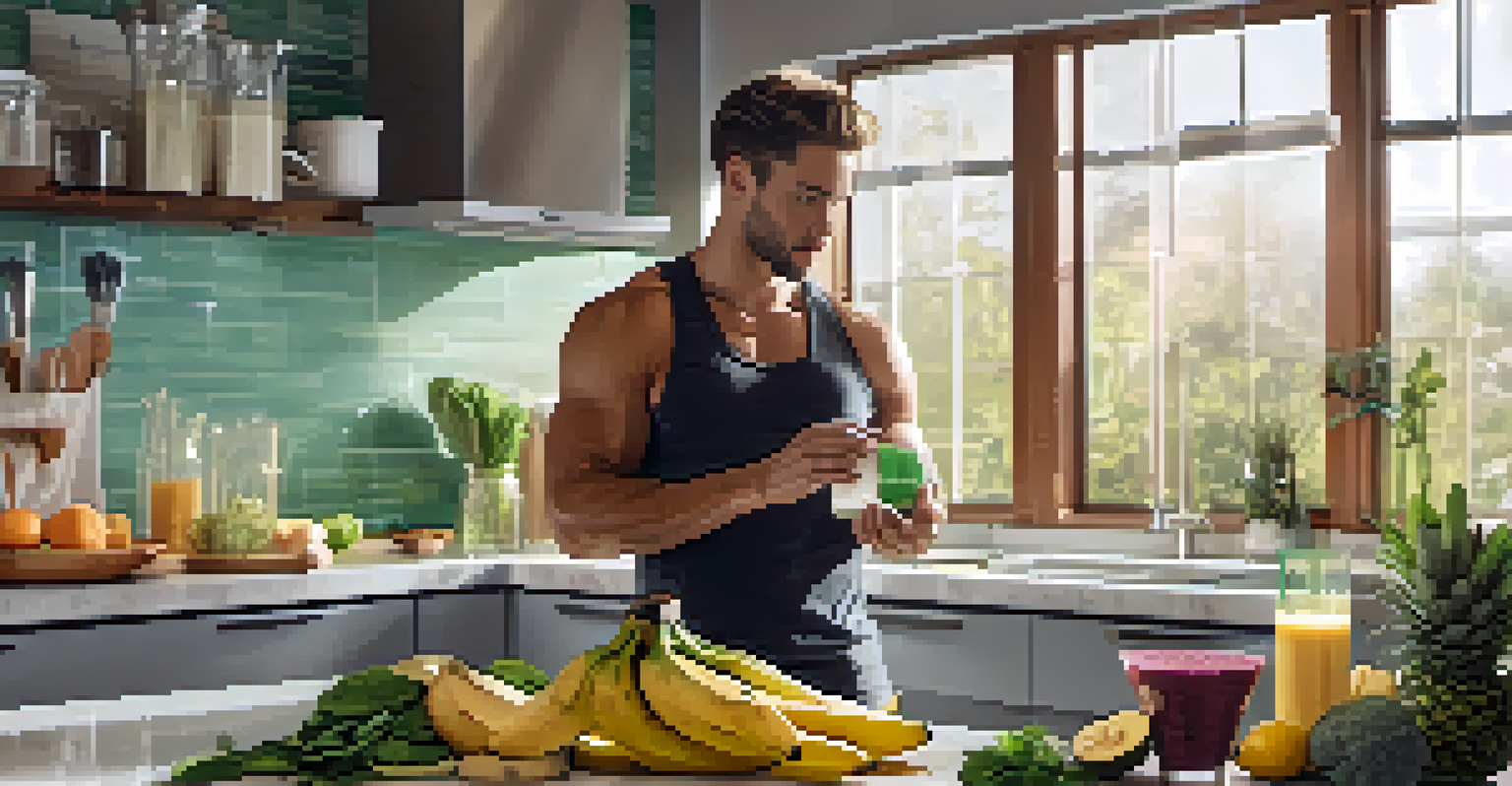 An athlete preparing a smoothie in a modern kitchen, surrounded by fresh ingredients.